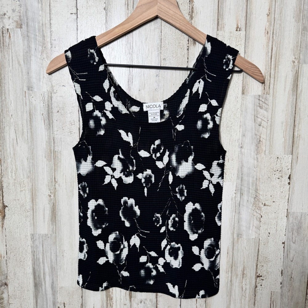 Vintage Y2K Floral Black White Stretchy Tank Top Womens Medium